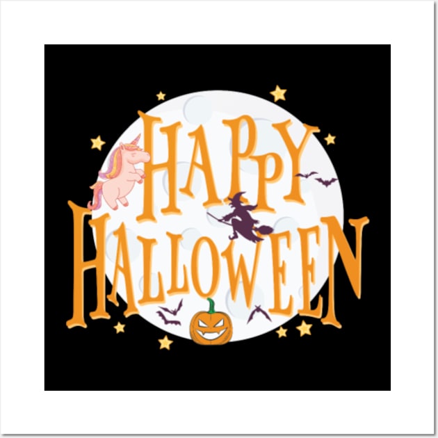 Happy Halloween Unicorn Witch Pumpkin Bat Wall Art by Xizin Gao